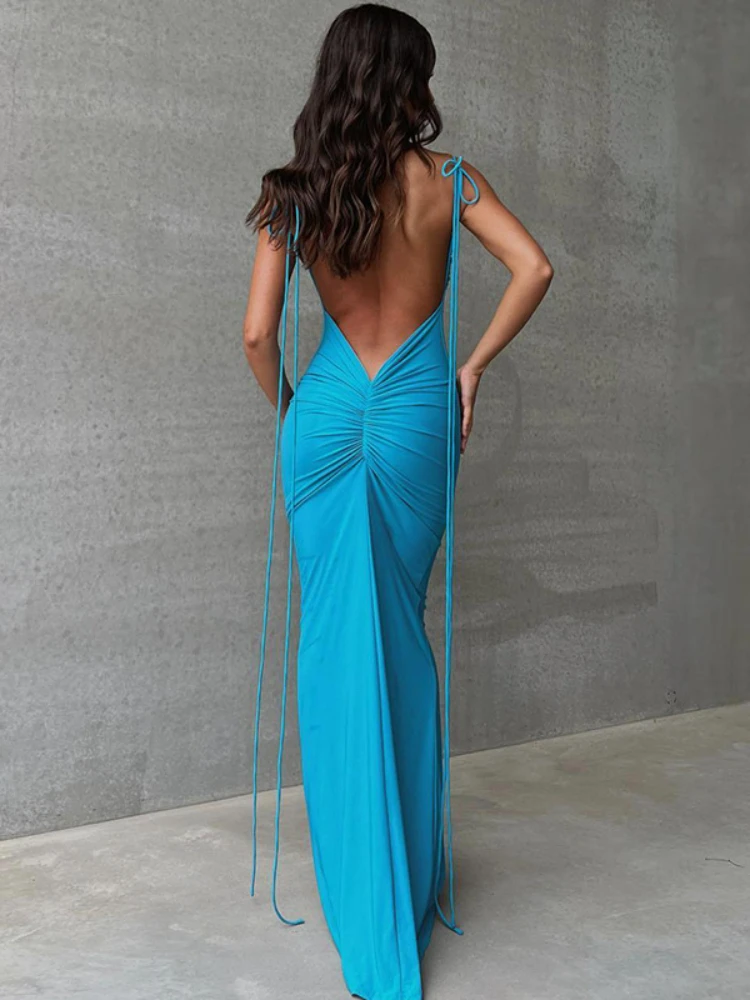 

WeiYao Backless Sexy Maxi Dress Spaghetti Strap Pleated Bodycon Dress Summer Elegant Party Evening Porm Dresses for Women 2023