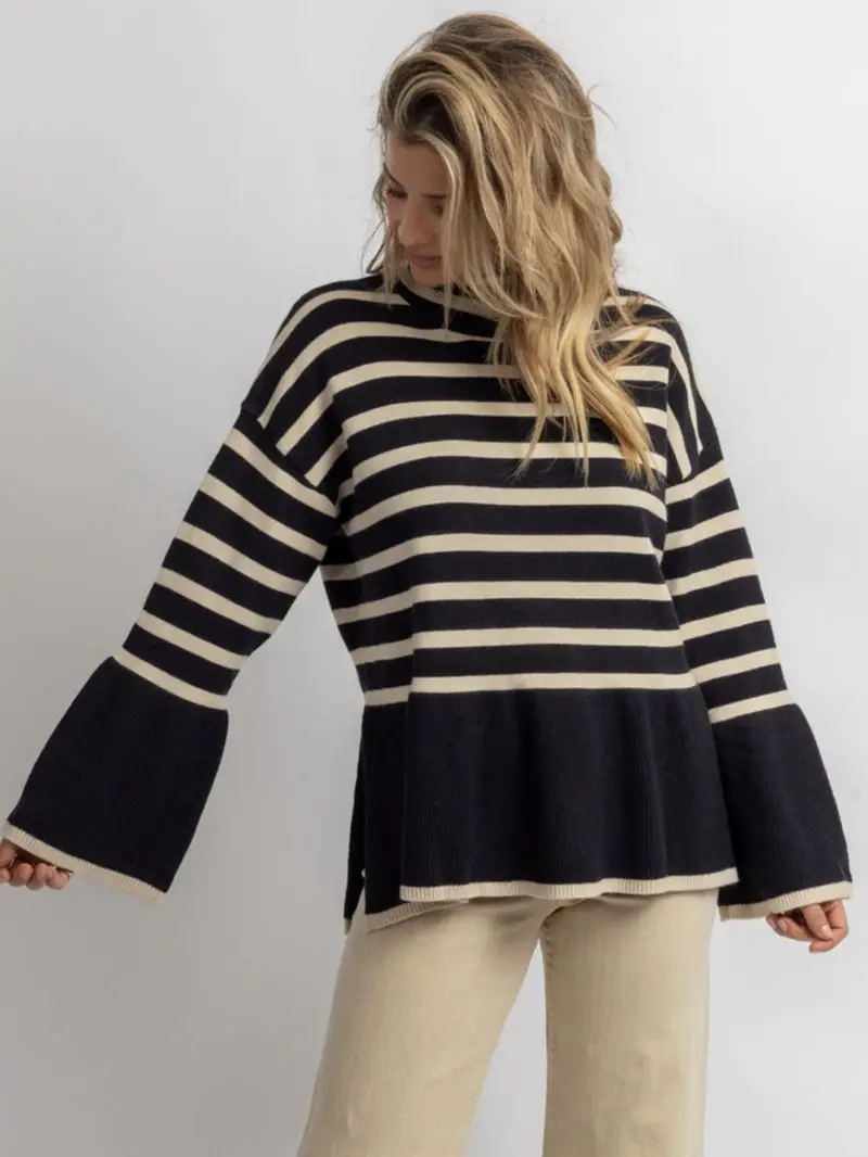 

Stripe Color Block Knitted Women's Sweater 2023 New Flare Sleeves Turtleneck Pullover Fashion Vntage streetwear Female Cardigan