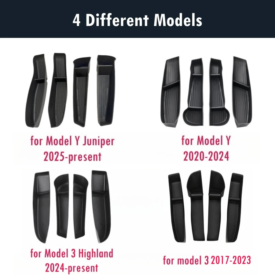 Tesla Moldel Y 주니퍼 모델 3 하이랜드 모델 Y/3 도어 스토리지 주최자 전면 후면 도어 트레이 용 4PCS TPE 사이드 도어 박스 트레이