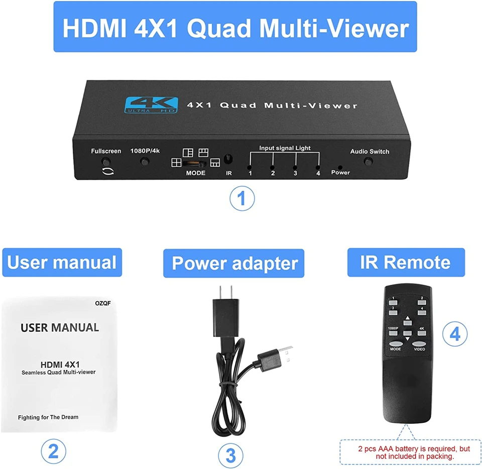 4K HDMI-compatible Multiviewer 4x1 1080P Quad Screen Multi Viewer HDMI Multi-Vie