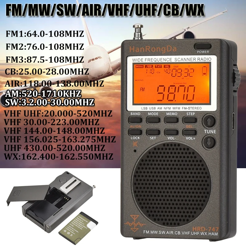 Портативный Airband радио мини FM/MW/SW/ VHF/UHF/CB/WX полный диапазон радиоприемник с