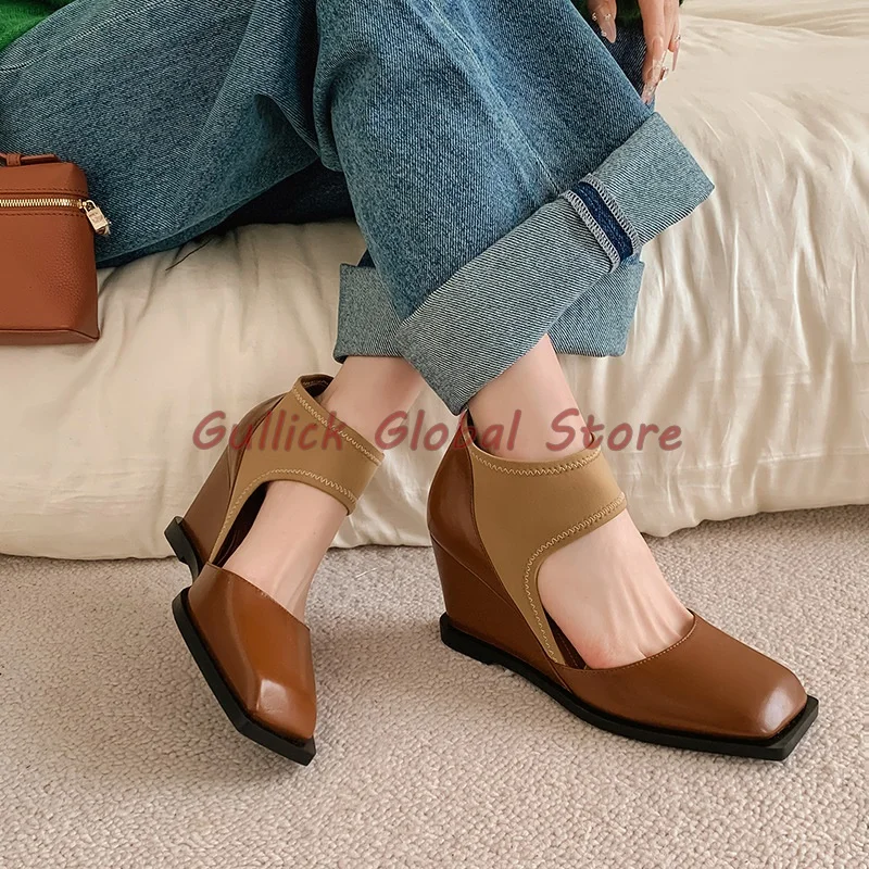 

2024 New Genuine Leather Square Toe Hollow Wedges Mixed Colors Shallow Pumps Summer Casual Height Increasing Soft Fashion Cosy