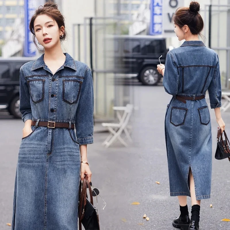 

Denim Dress Women 2023 Spring New Age Reduction Fashion Versatile Jeans Dresses Female Large Size Seven Points Sleeve Long Skirt