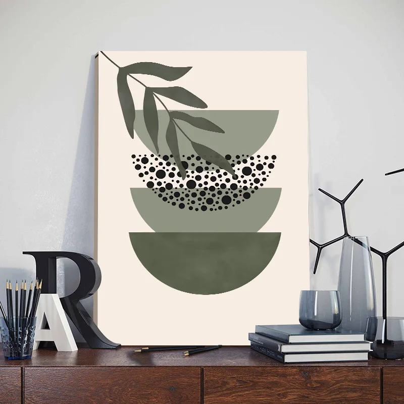 3pcs Bohemian Sage Green Wall Art Canvas Painting with Framed Nordic Abstract Geometric Plant Leaves Posters Bedroom Home Decor