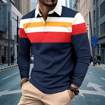2025 autumn long sleeve new T-shirt men's printed color matching lapel men's casual POLO shirt top