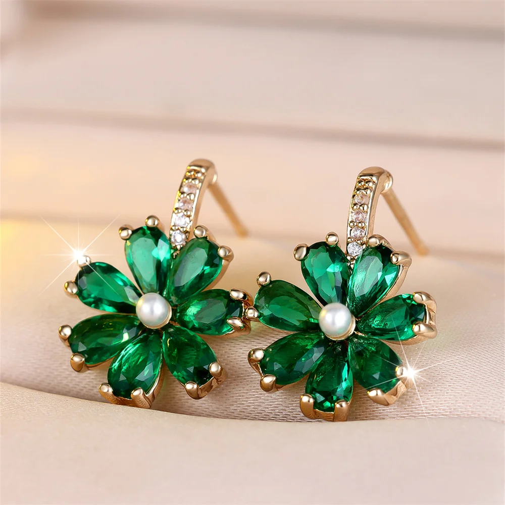 Green Zircon Daisy Flower Simulated Pearl Stud Earrings For Women Vintage Gold Color Wedding Earring Valentines Day Jewelry Gift