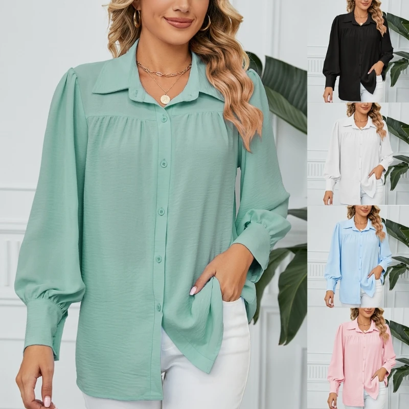 

Causal Breast Ruffle Blouses Work Button Down Shirts Long Sleeve Macaroons Solid Color Tops for Office Women