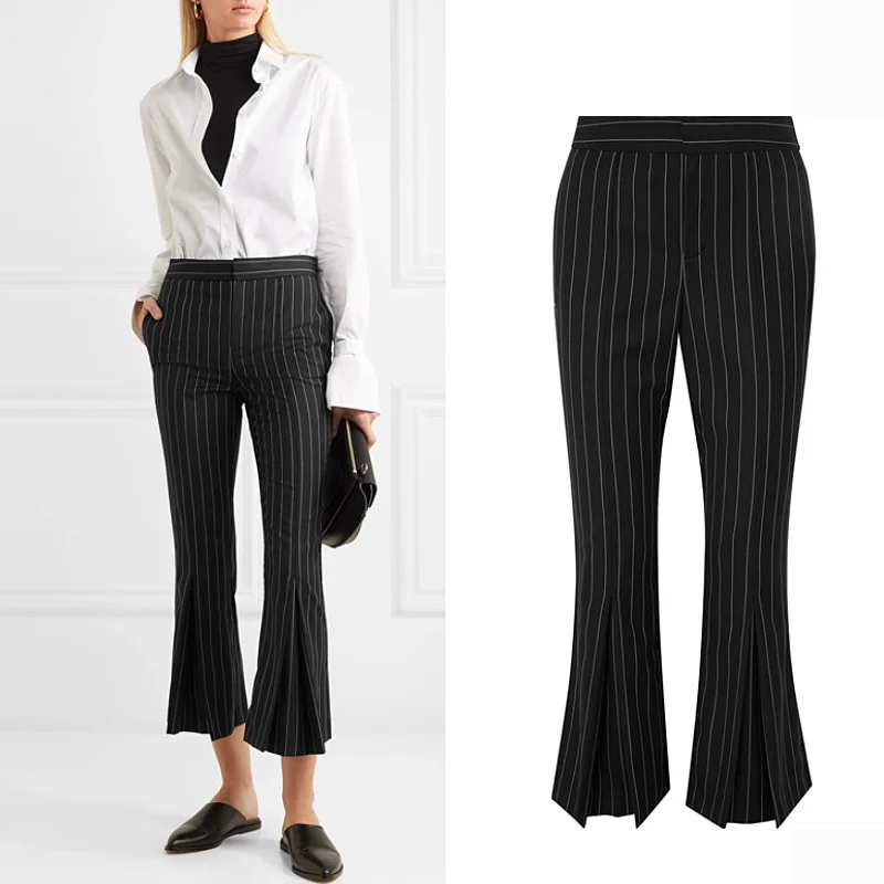 

waist high Autumn longer Female length corduroy flare trousers women's was thin split on the bottom fashion striped pants wq632