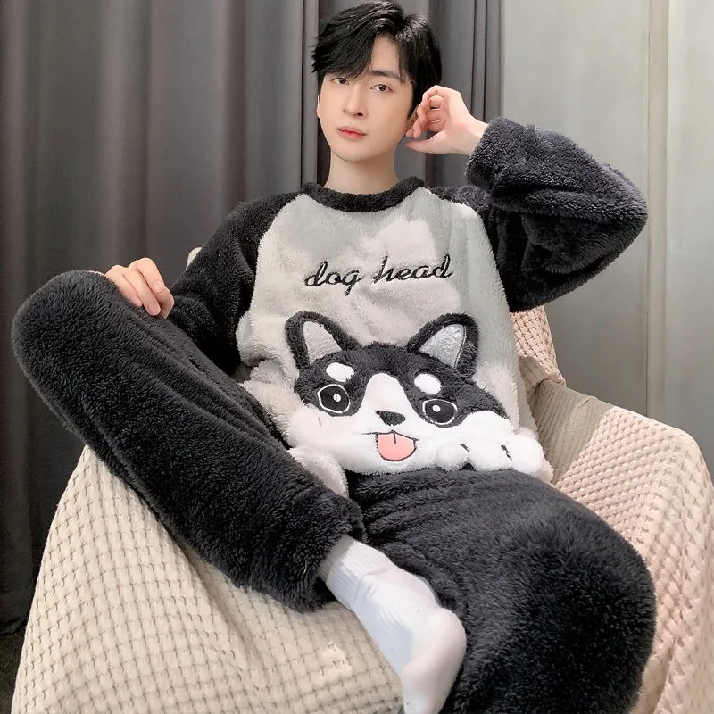 Men Pajamas Autumn Winter Coral Fleece Thickened Fleece-lined Warm Loungewear Suit Teenagers Round Neck Casual Nightclothes Sets