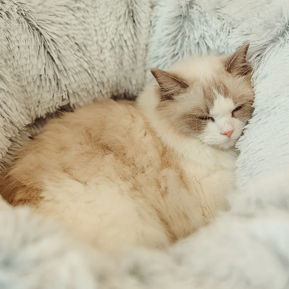 

Winter Warm Cat Cave Round Foldable Pet Bed Deep Sleeping Tunnel Bed Pet Sleeping Bed Long Plush for Cats and Small Dogs