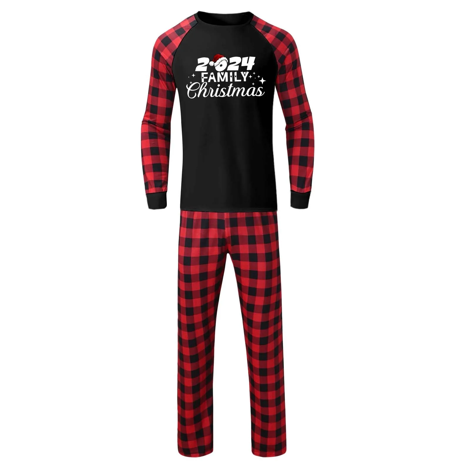 thumbnail image 1 of Conjunto de pijamas para padres e hijos con estampado de letras navideñas, camiseta de manga larga, pantalones a cuadros negros y rojos, traje de casa para Año Nuevo, papá, mamá y niños, 1 of 5