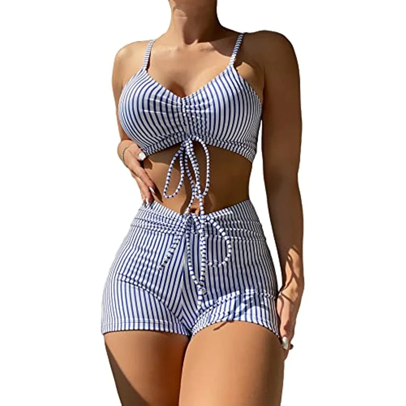 

Women's Two Piece Swimsuit Striped Print V Neck Drawstring Tie Knot Front Bikini Set Bathing Suit