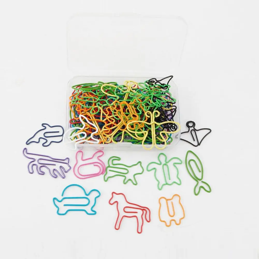 60pcs 동물 모양의 종이 클립 12 종류의 플라스틱 코팅 금속 바인더 클립 보관 상자 포함 귀여운 디자인 사무용품