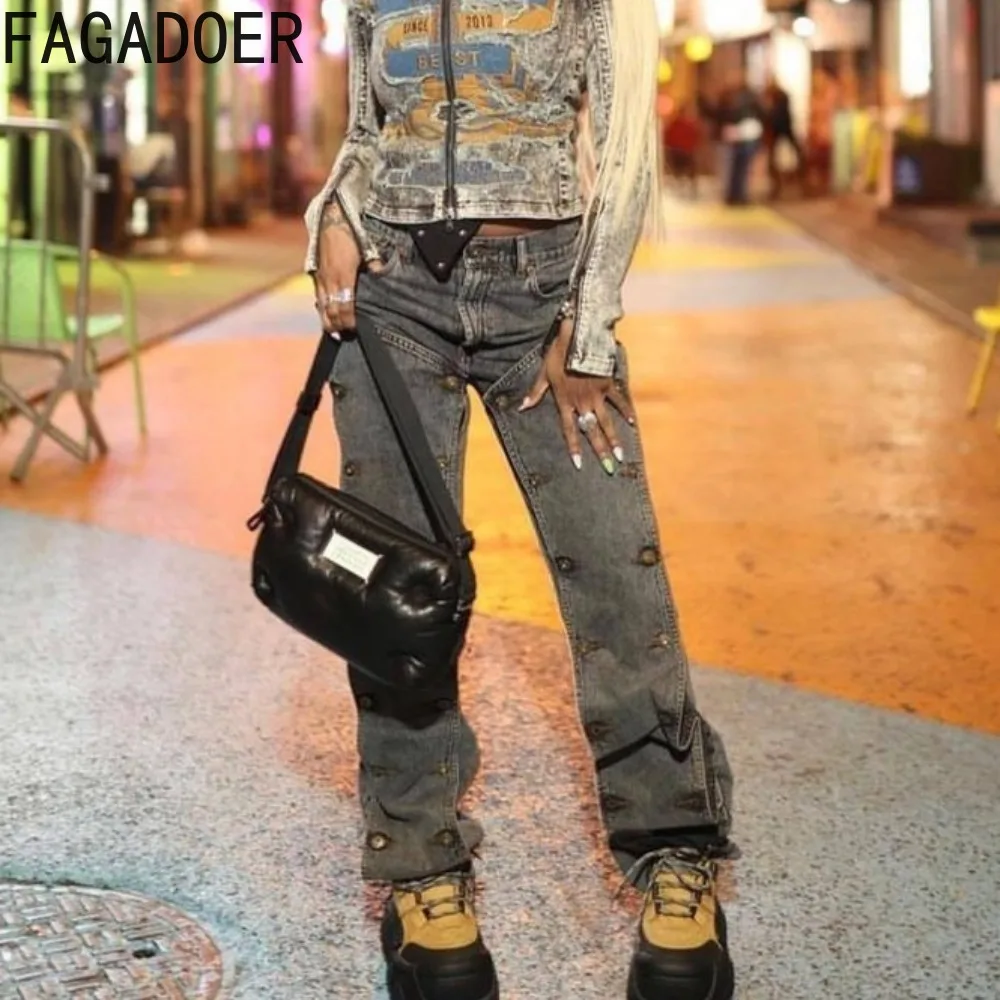 

FAGADOER Fashion Y2K Streetwear Women High Waisted Button Straight Jean Trousers Casual Female Pocket Matching Cowboy Bottoms