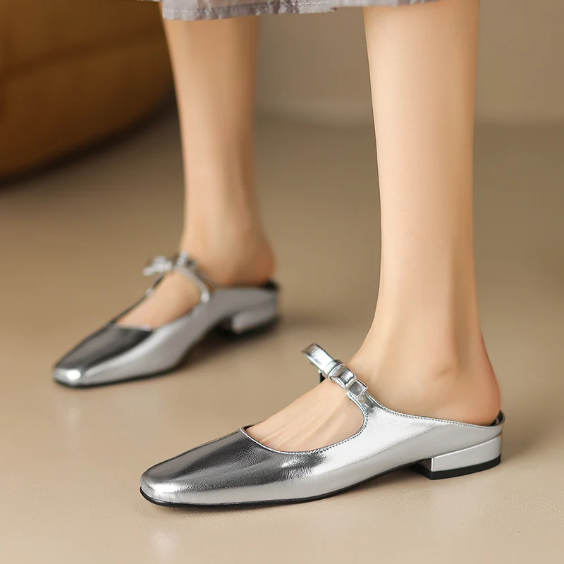 

Мюли женские из натуральной кожи, босоножки без задника, квадратный носок, дизайнерские сандалии, повседневная обувь на плоской подошве, в Корейском стиле, серебристые лоферы