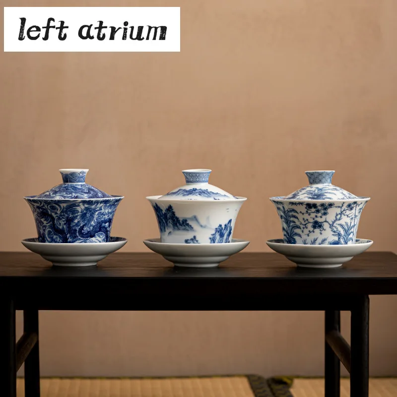 300ml Antique Blue and White Gaiwan Retro Dargon Cup Saucer Tea Tureen Chinese Tea Maker Cover Bowl Services Supplies Craft