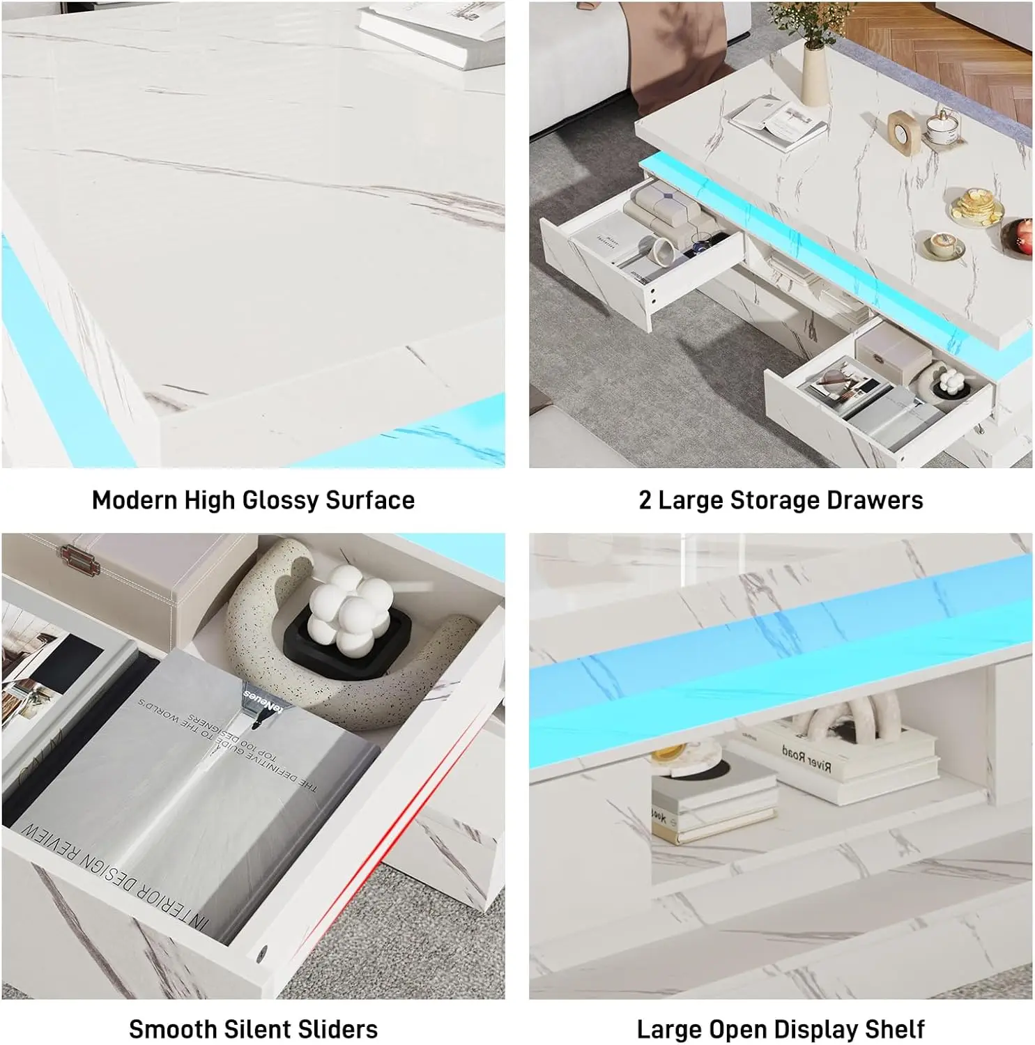 47.2 inch Modern High Glossy LED Coffee Table with 2 Sliding Drawers, Double-Layer Center Tables with LED Lights