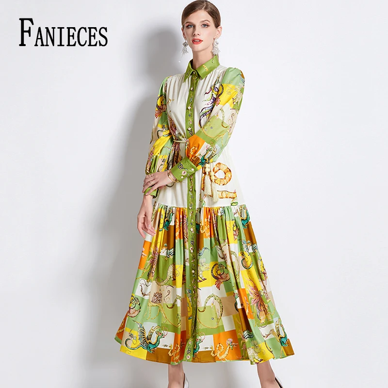

Luxury Designer Runway Shirt Dresses Autumn Long Sleeve Polo Neck Belted Single-breasted Long Dress Vintage Print Gorgeous Robe