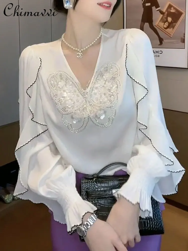 

Casual Butterfly Sequined Shirt for Women 2023 Spring New Fashion Loose Pullover Slim Blouse Elegant Commute Long Sleeve Tops