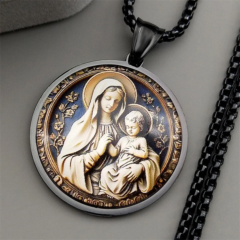 Virgin Mary Hold Baby Jesus Glass Round Medal Pendant Necklace for Women Men Stainless Steel Gold Color Catholic Amulet Jewelry 5