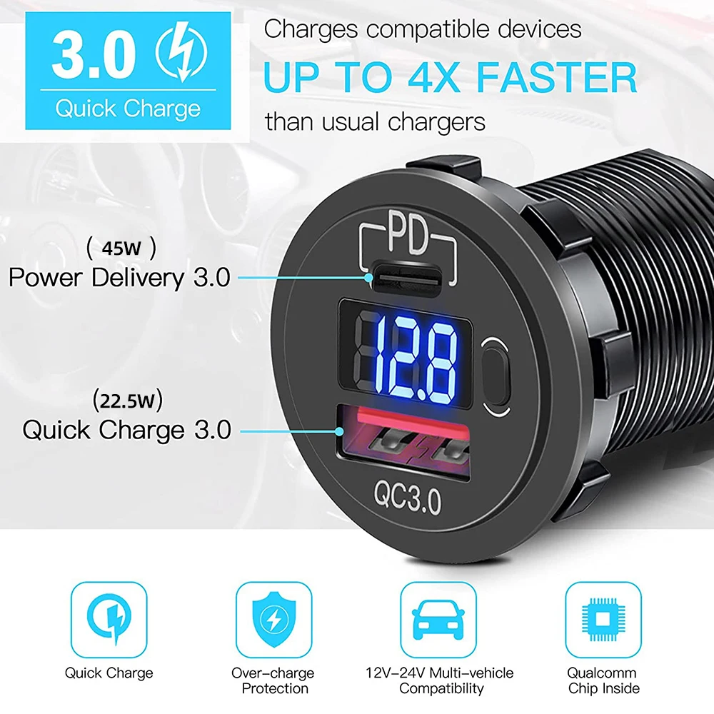 전압 차량용 USB 충전기 QC3.0 PD C타입 USB, 스위치 소켓 포함, 차량 보트 오토바이 SUV 버스 트럭, 12V, 24V