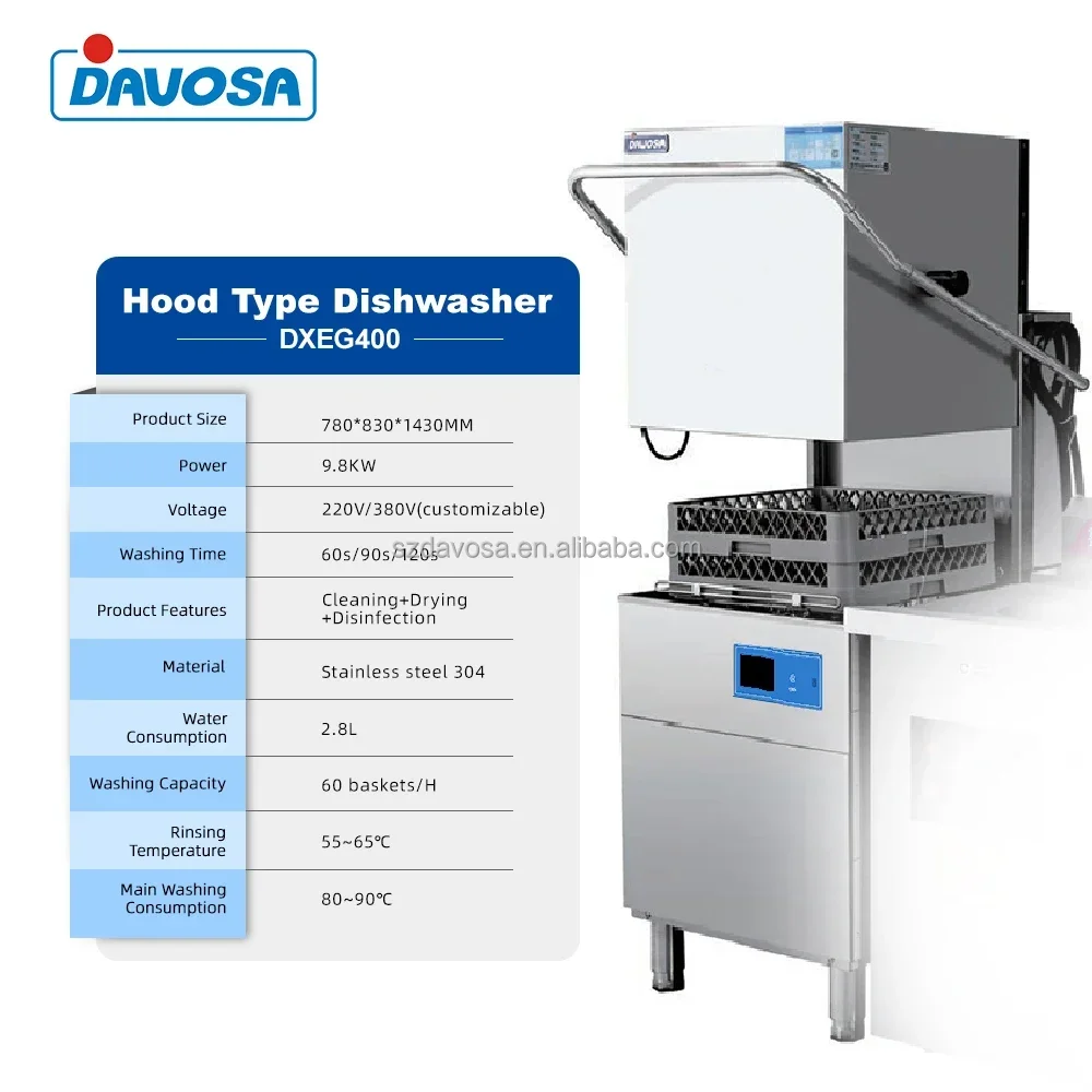 220V/380V 9.8KW Electric High-Efficient Dish Washing Machine for Restaurants and Hotels Kitchen hood type dishwasher 2
