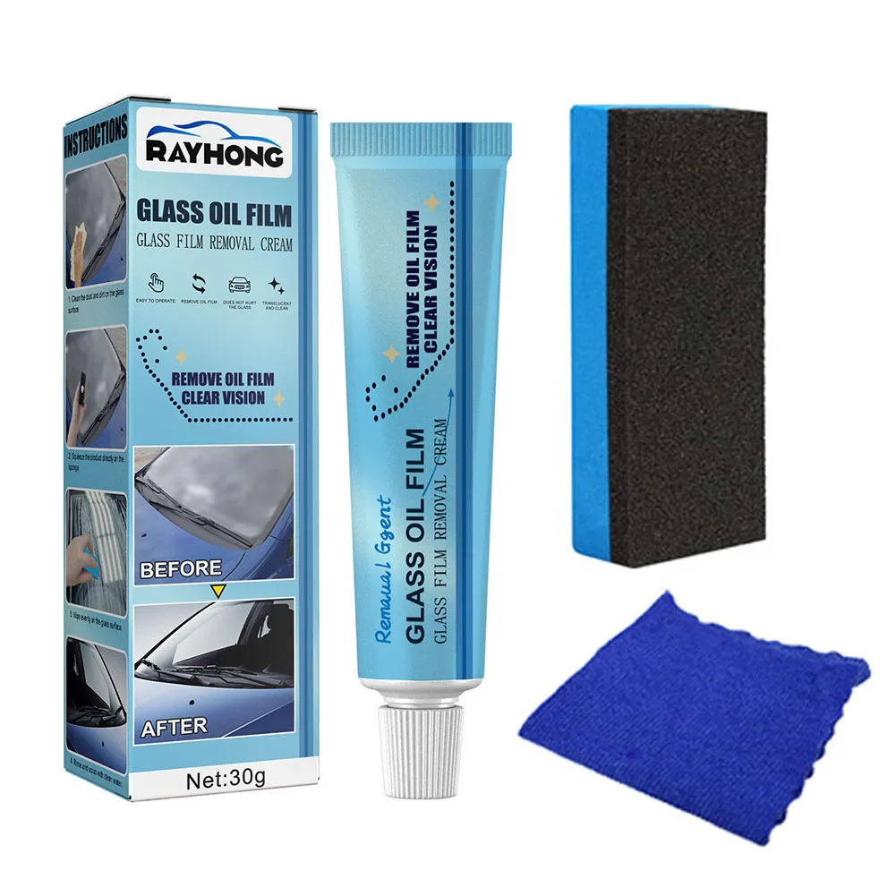 

30g Car Glass Oil Film Remover Glass Film Polishing Cleaner Agent Windshield Glass Window Cleaning Liquid with Sponge Towel