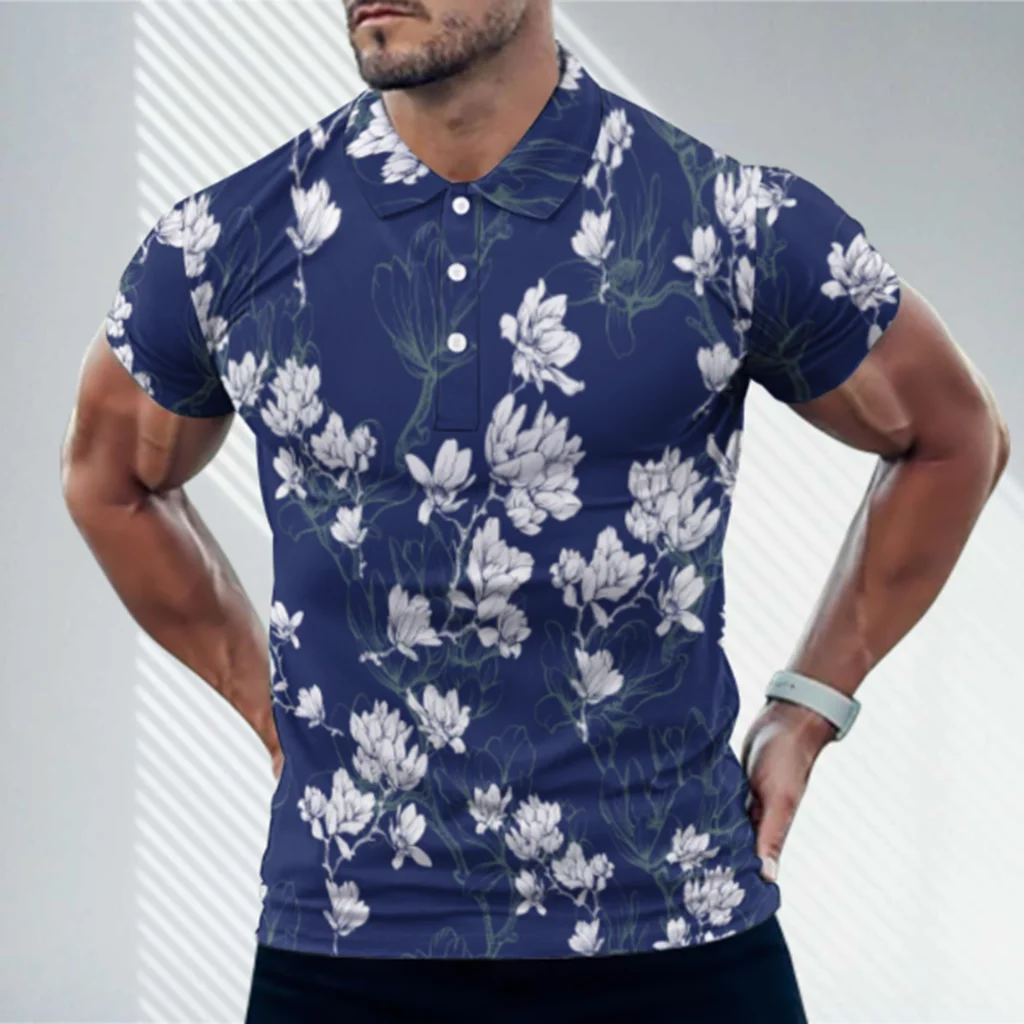 

Summer new style flower print short-sleeved POLO shirt, versatile casual slim short-sleeved T-shirt men's top