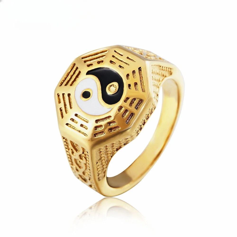 

CHUANGCHENG Chinese Style Ethnic Taoist Tai Chi Bagua Personalized Men's Stainless Steel Ring Size 7-13