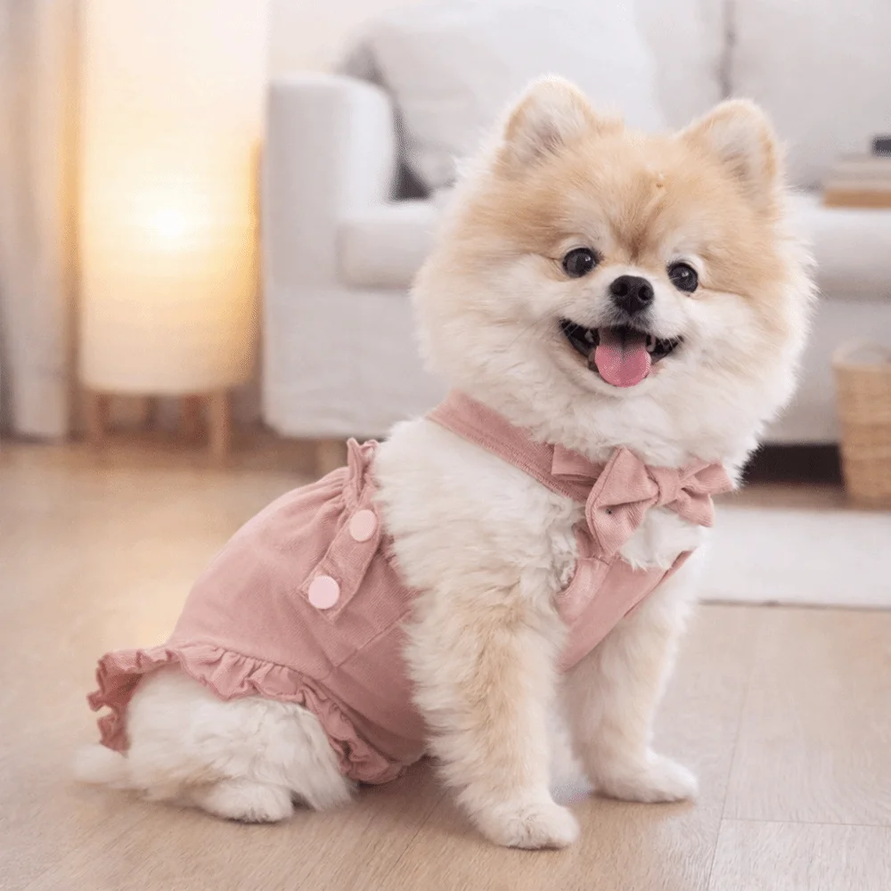조절 가능한 애완동물 생리 팬츠 얇고 통기성 좋은 서스펜더 스타일 강아지 위생 팬츠 리본 장식 애완동물 점프슈트 상처 회복용