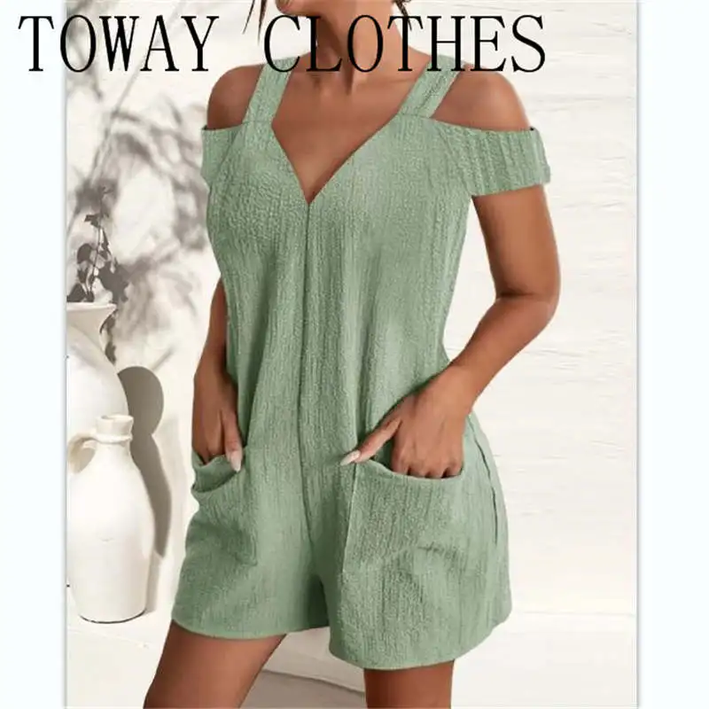 

Jumpsuit Women 2023 Summer Fashion Cold Shoulder Pocket Design Casual Plain Short Sleeve Daily Romper Y2K Streetwear