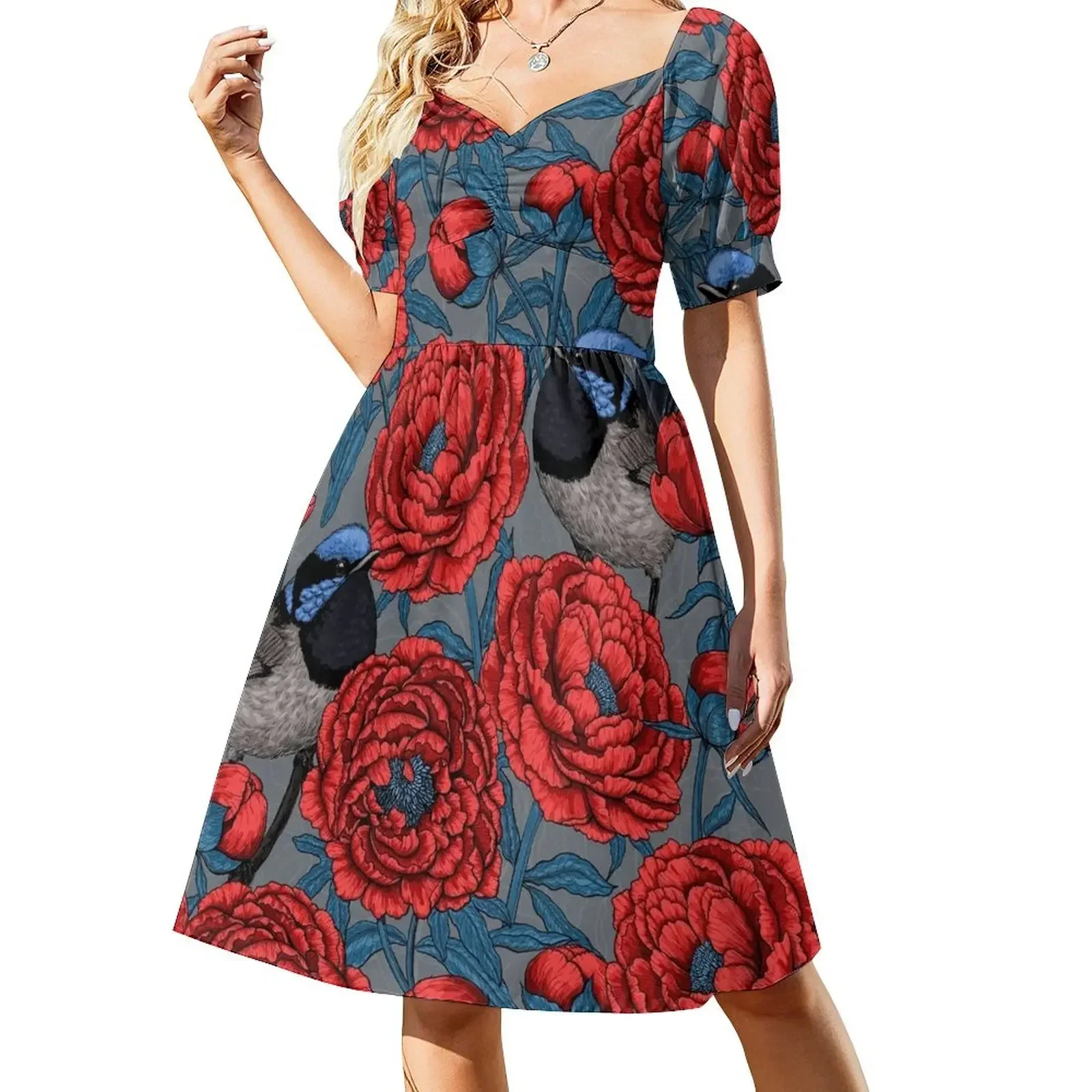 thumbnail image 1 of Vestido de manga corta con peonías y reyezuelos, vestido de cumpleaños, vestido de fiesta, noche, elegante, de lujo, celebridad., 1 of 8