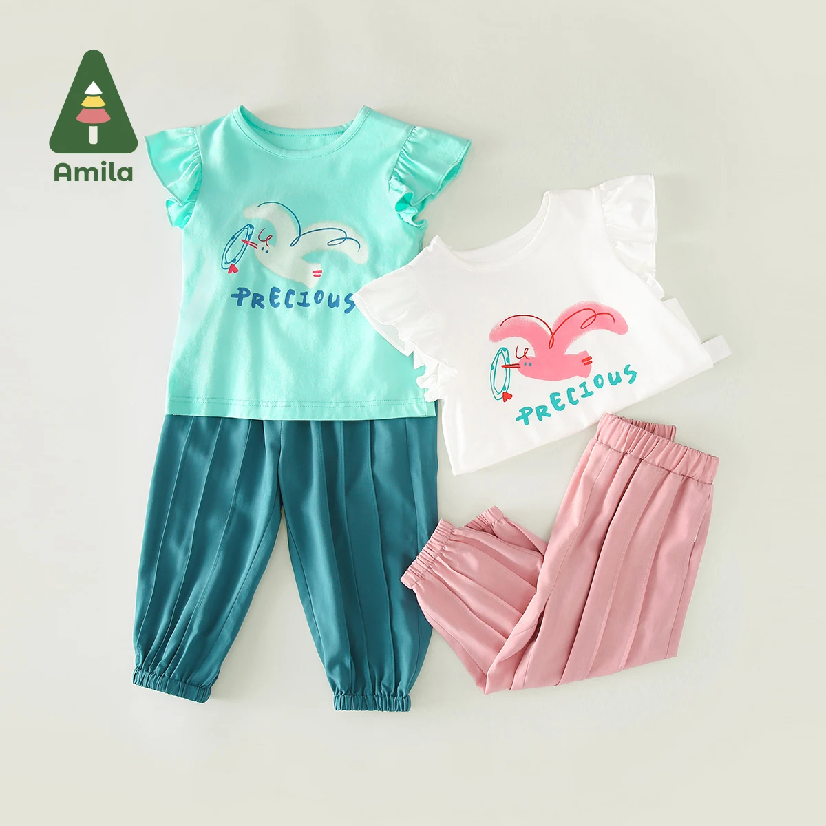 Amila Girls' Suit Summer New Small Sleeve Top With Clear Colored Leggings Quiet Boutique Cotton Two-Piece Set