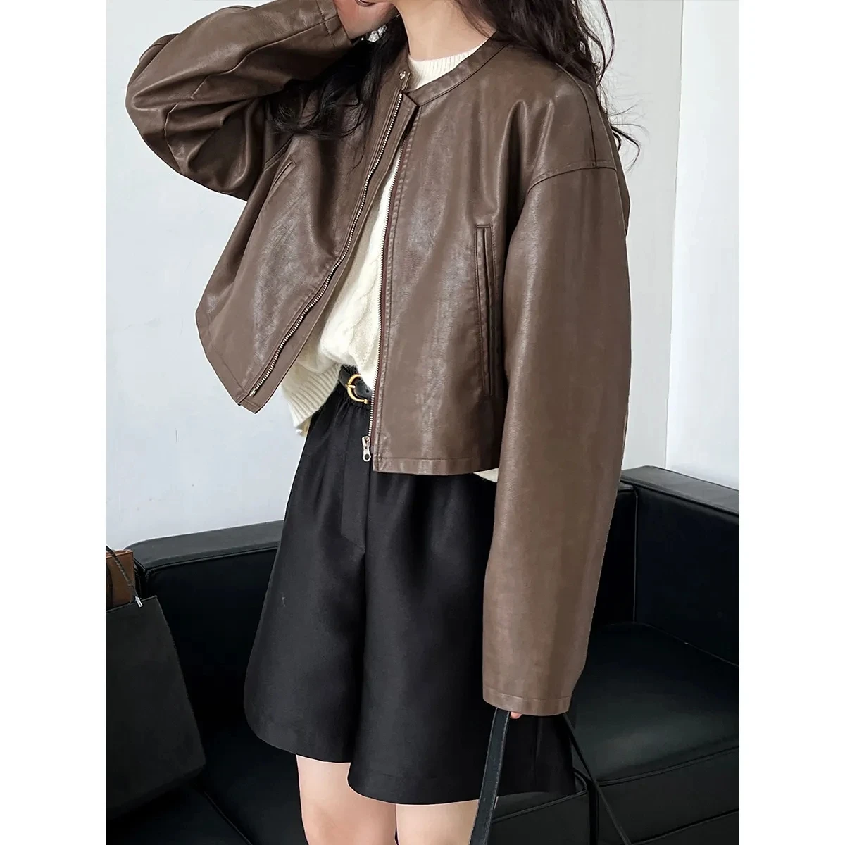 Autumn Vintage Zipper Short Leather Coat Women Brown Black PU Motorcycle Jacket Female Faux Leather Jacket