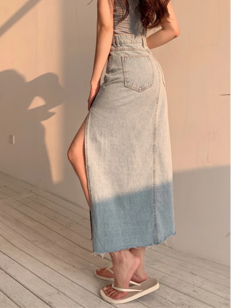 HOUZHOU Long Denim Skirt Women 2023 Korean Style Vintage Solid High Waist A-line Slim High Split Midi Skirt Casual Streetwear
