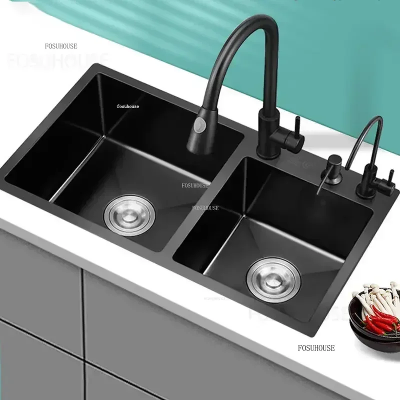 Black Kitchen Sinks Home Double-slot Large Basin Stainless Steel Handmade Sink Home Kitchen Dishwashing Sink Accessories ZZ
