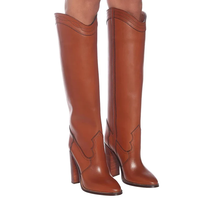 

Fashion Casual New Women's Boots Autumn Winter Leather High Heel Female Shoes Model Catwalk Kenn-high Slip-on Ladies Long Boots