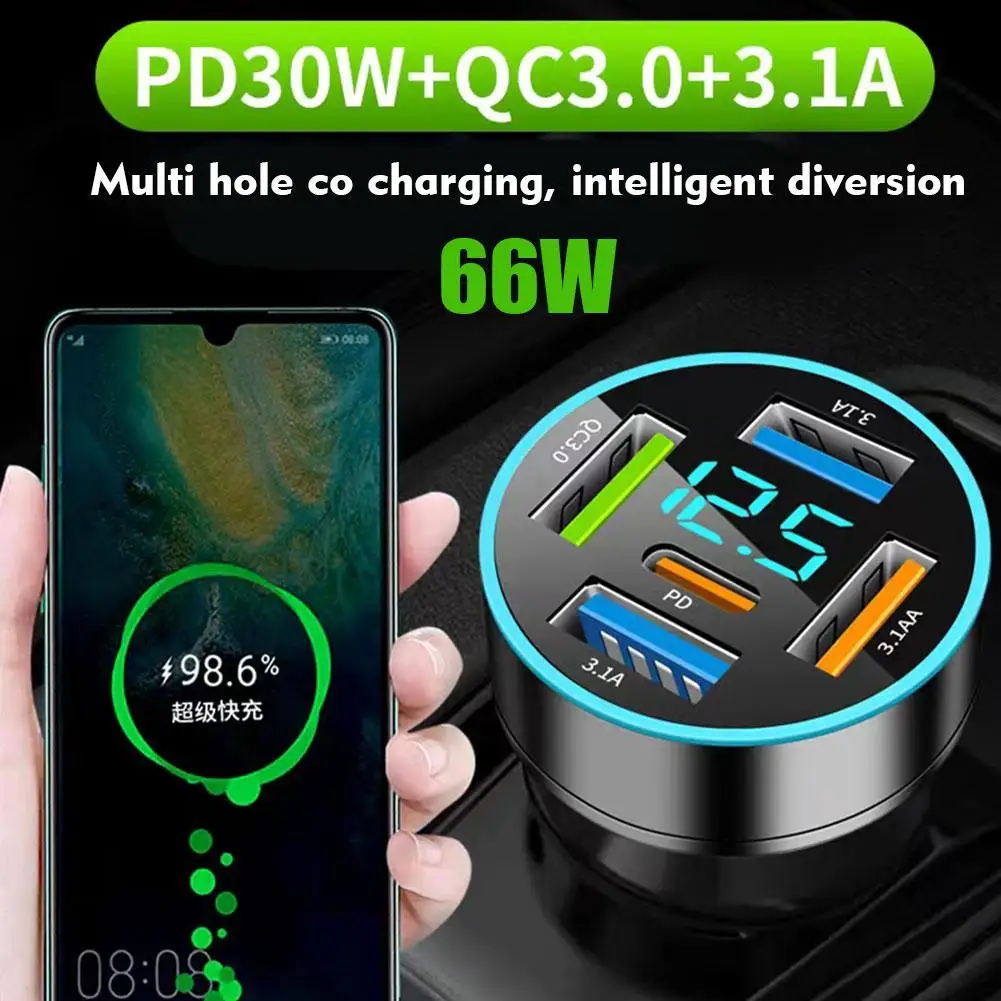 

66W 4 Ports USB PD Quick Car Charger QC3.0 Type C Fast Charging Car Adapter Cigarette Lighter Socket Splitter For iPhone W3O0