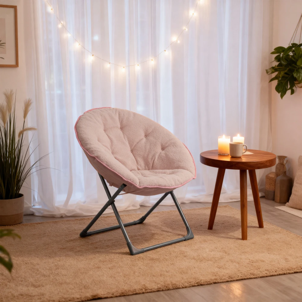 Tragbarer, zusammenklappbarer Moon Chair in weichem Beige, ideal für Schlafzimmer, Wohngebiete, Wohnungen, Entspannungsbereiche, Gärten und Innenhöfe – Detail 14