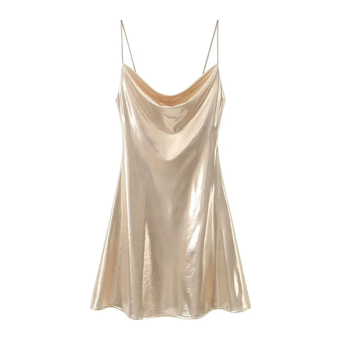 thumbnail image 1 of HH TRAF Vestido mini sexy de color metálico brillante para mujer, vestido de fiesta ajustado con escote en V y tirantes finos plisado a la moda para mujer, 1 of 5