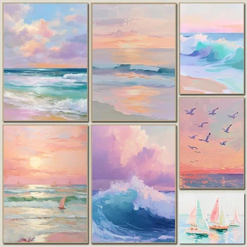 Soft And Beautiful Sunset Ocean Summer Sea View Art Poster Canvas Oil Paint Print Villa Living Room Sofa Background Wall Decor