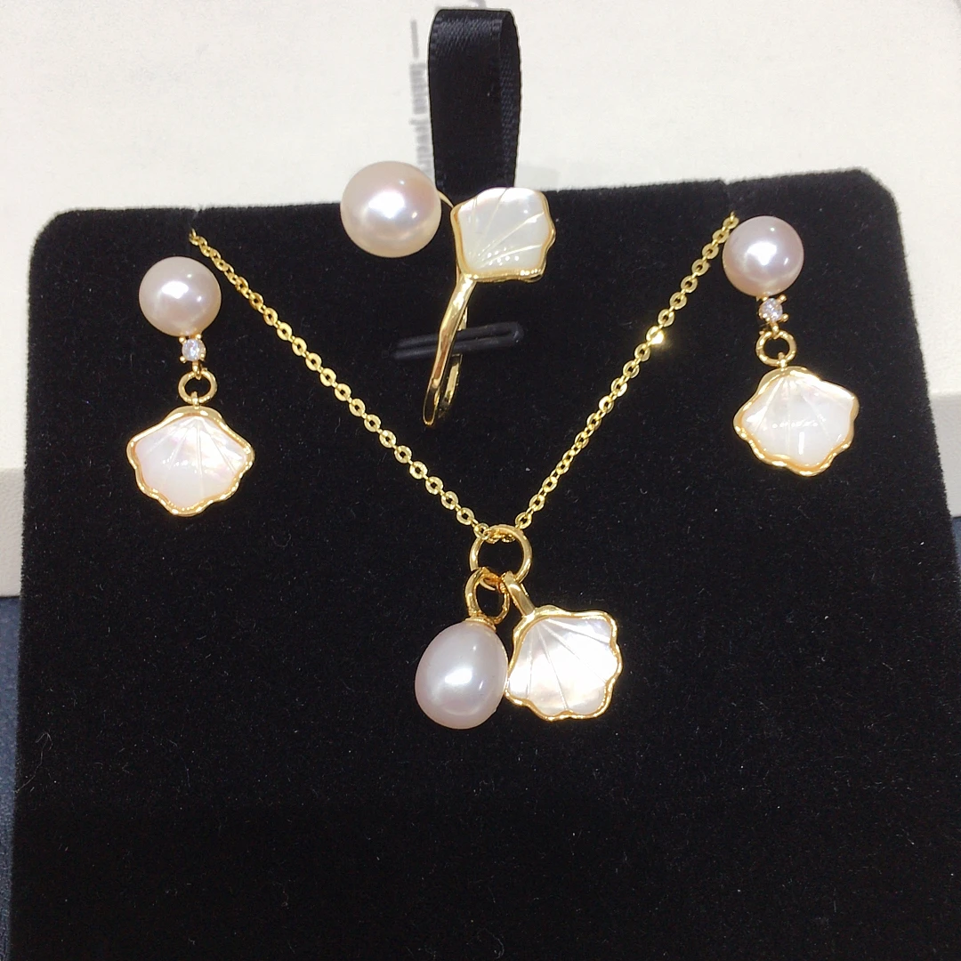ZHBORUINI 2025 New Freshwater Pearl Jewelry Set 7-8mm Shell Shaped Pendant Earring Ring for Women Elegant Gift 2025 New Arrivals 6