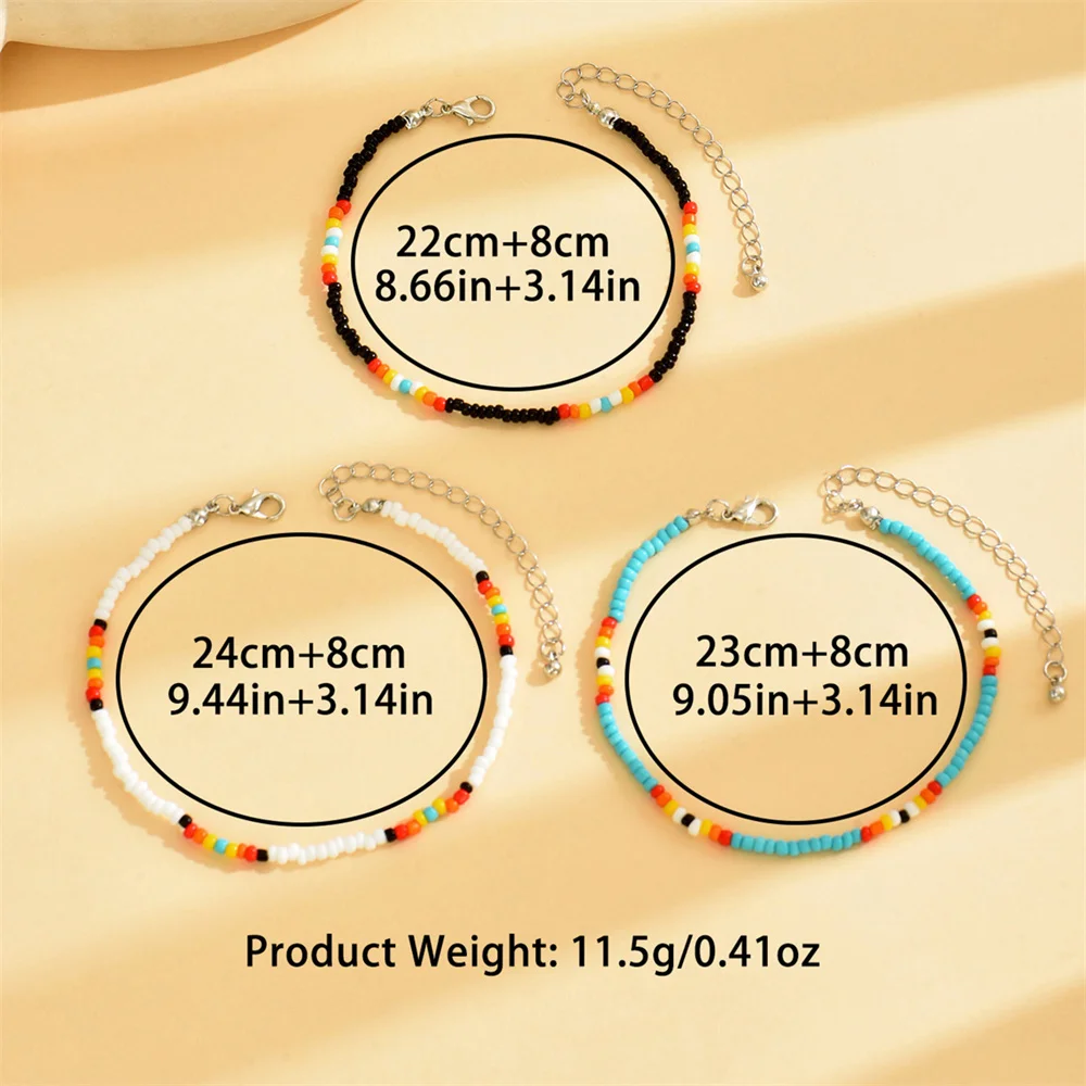 3pcs/Set Multicolor Rice Beads Anklets For Women Silver Color Rainbow Foot Chain Ankle Bracelet Beach Jewelry Summer Accessories