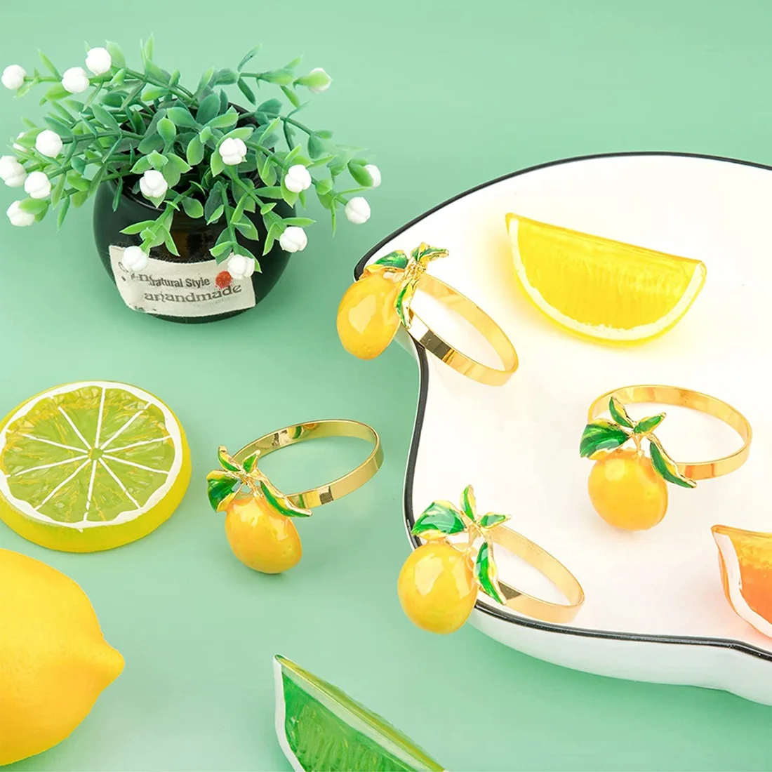 Set Di 6 Portatovaglioli Tropicali In Metallo Dorato - Design Limone E Mango, Eleganti Per Feste E Matrimoni