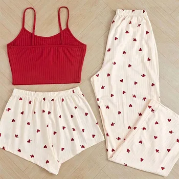 Women's Heart Pattern 3-Piece Sleepwear Pajama Set with Long Pants, Shorts & Tank Top for Nightwear Loungewear 6