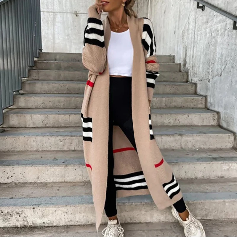 

Autumn Winter New Women Sweater Cardigan Casual Simple Solid Color Long Sleeve Fashion Striped Printed Long Sweaters Coat Female