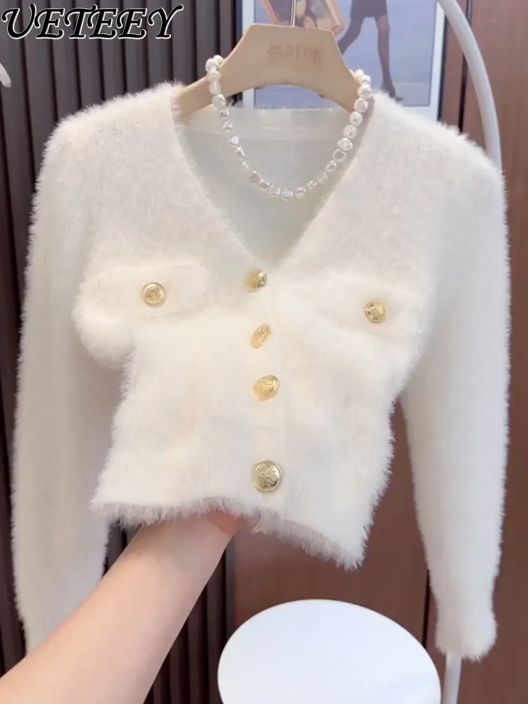 

White Short Knitted Cardigan Sweater Coat Women Autumn Winter Single-Breasted V-neck Long Sleeve Mink Fur Sweater Jacket Top