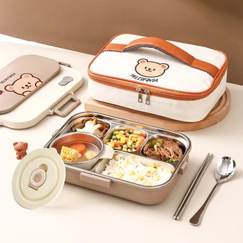 WORTHBUY 1500ML 304 boîte à déjeuner divisée en acier inoxydable étudiant Portable grande capacité récipient alimentaire scellé avec bol et couverts 1
