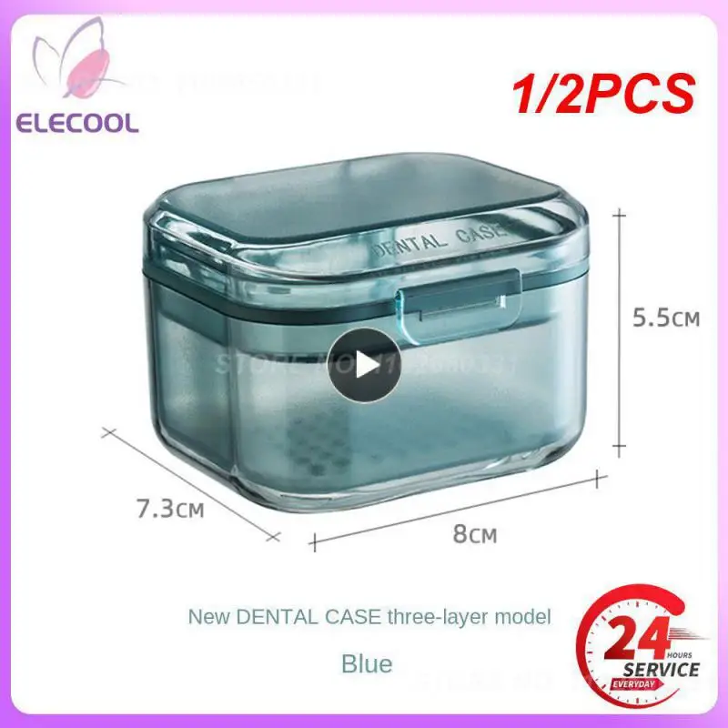 

1/2PCS Portable Denture Storage Box with Strainer Basket Plastic Mouth Guard Denture Soaking Container Cleaning Case