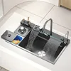 Waterfall Large Single Sink Kitchen Stainless Steel with Trash Can Multifunctional Vegetable and Dishwashing Basin Sink 6